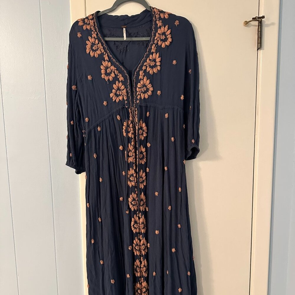 🩵Free People Dress Pink Embroidery V-neck Drawstring Midi Maxi Dress Size Small - Picture 5 of 8